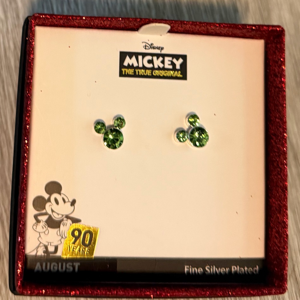 NWTIOB August Birthstone Spatkly Mickey Mouse Fine Silver Plated Earrings